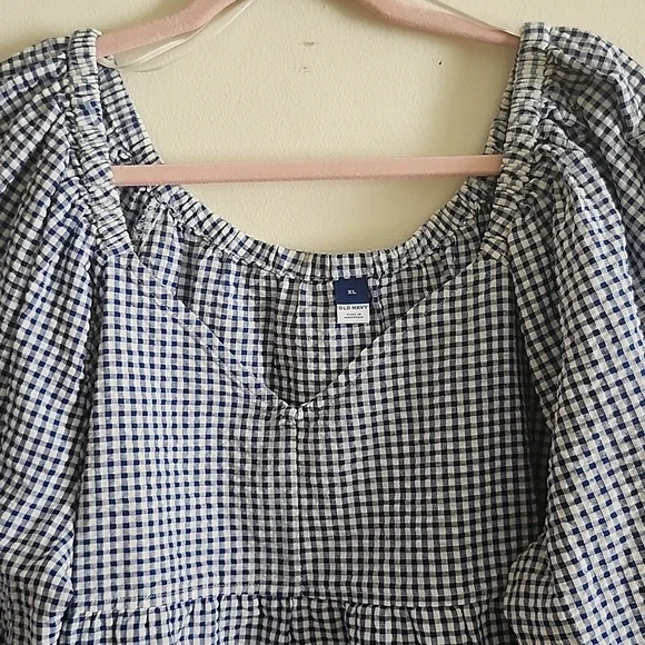 Old Navy Blue White Gingham Puff Sleeve Blouse Babydoll Top Feminine Prarie - Picture 2 of 7